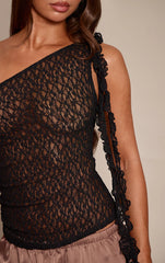 Black Textured Lace Frill Drape Detail Asymmetric Top