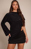 Black Double Layer Slinky Oversized Drape Detail Long Sleeve Top