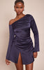 Navy Satin Asymmetric Long Sleeve Mini Shift Dress