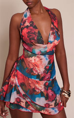 Floral Print Chiffon Cowl Neck Ruched Mini Dress