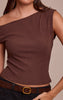 Chocolate Soft Brushed Rib Asymmetric Neckline Long Top