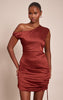 Rust Satin One Shoulder Ruched Mini Dress