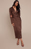 Chocolate Satin Ruched Detail Long Sleeve Midaxi Dress