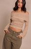 Petite Fluffy Beige Bardot Knitted Sweater