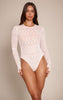 White Textured Sheer Lace Long Sleeve Bodysuit