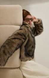 Dark Brown High Neck Faux Fur Pull On Coat