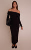 Black Ribbed Fold Over Bardot Long Sleeve Maxi Dress