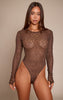 Chocolate Textured Sheer Lace Long Sleeve Bodysuit