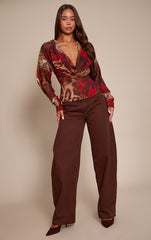 Red Printed Chiffon Cowl Neck Long Sleeve Blouse