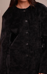 Black Collarless Button Detail Faux Suede Jacket
