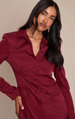 Burgundy Tailored Button Up Pocket Detail Mini Dress