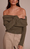 Olive Textured Wool Look Fold Over Detail Long Sleeve Top