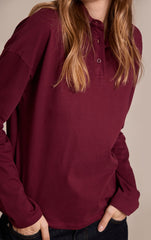 Plum Cotton Polo Collar Long Sleeve Top