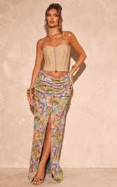 Green Jacquard Ruched Waist Split Front Maxi Skirt