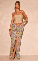 Green Jacquard Ruched Waist Split Front Maxi Skirt