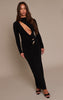 PLT Label Black Double Layer Slinky Trim Detail Asymmetric Plunge Maxi Dress