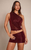 Dark Wine Glitter One Shoulder Ruched Drape Long Top