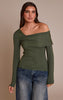 Olive Long Sleeve Asymmetric Shoulder Knitted Top