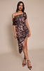 Brown Abstract Print Bardot Asymmetric Hem Dress