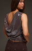 Brown Sequin Cowl Back Boatneck Fitted Top