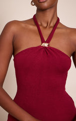 Burgundy Halter Neck Trim Detail Top