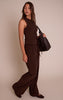 Dark Brown Corduroy Tailored Tie Detail Wide Leg Pants