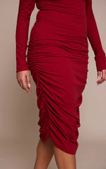 Plus Burgundy Sculpt Off Shoulder Ruched Midi Dress