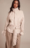Petite Cream Faux Leather Belted Funnel Neck Coat