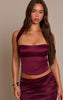 Purple Satin Halter Neck Ruched Bust Crop Top