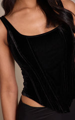 Black Velvet Boned Dip Hem Longline Corset