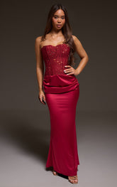 Burgundy Corset Detail Satin Ruched Maxi Dress