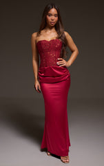 Burgundy Corset Detail Satin Ruched Maxi Dress