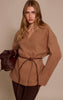 Camel Collarless Wrap Style Tie Waist Wool Look Coat