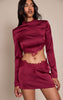 Burgundy Satin Lace Trim High Neck Long Sleeve Top