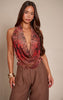 Brown Abstract Animal Print Mesh Halterneck Top