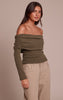 Olive Textured Wool Look Fold Over Detail Long Sleeve Top