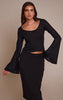 Black Textured Jersey Scoop Neck Flared Long Sleeve Top