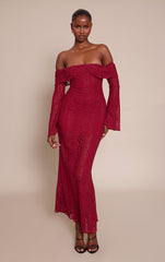 Burgundy Lace Fold Over Bandeau Maxi Dress