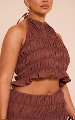 Shape Chocolate Hammered Satin Ruched Halterneck Top