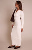 Cream Ribbed Button Down Collar Detail Long Sleeve Maxi Dress