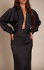 PLT Label Black Satin Long Sleeve Plunge Maxi Dress