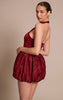 Burgundy Woven Jacquard Halterneck Puffball Dress
