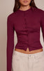 Wine Soft Rib Button Down Long Sleeve Top