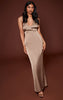 Mushroom Satin V Neck Cut Out Back Maxi Dress