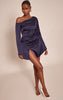 Navy Satin Asymmetric Long Sleeve Mini Shift Dress