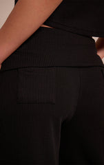 Black Thick Rib Fold Over Pocket Detail Wide Leg Pant