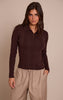 Chocolate Ribbed Knit Long Sleeved Polo Top