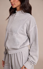 Petite Ash Grey Acid Wash Funnel Neck Zip Sweatshirt