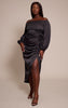 Plus Black Satin Bardot Ruched Side Midi Dress
