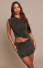 Black Glitter One Shoulder Ruched Drape Long Top